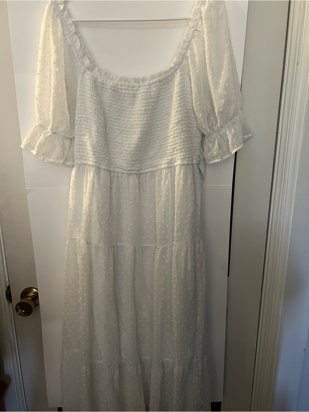 Merokeety white midi dress size xl white puff sleeves Swiss dots boho festival
